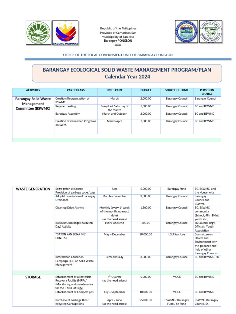 BarangayPonglon SWM Action Plan | PDF | Environment | Environmental Issues