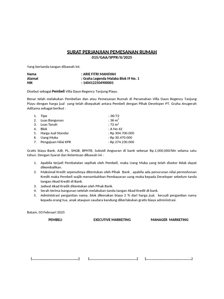 Perjanjian Pemesanan Rumah Villa Daun | PDF