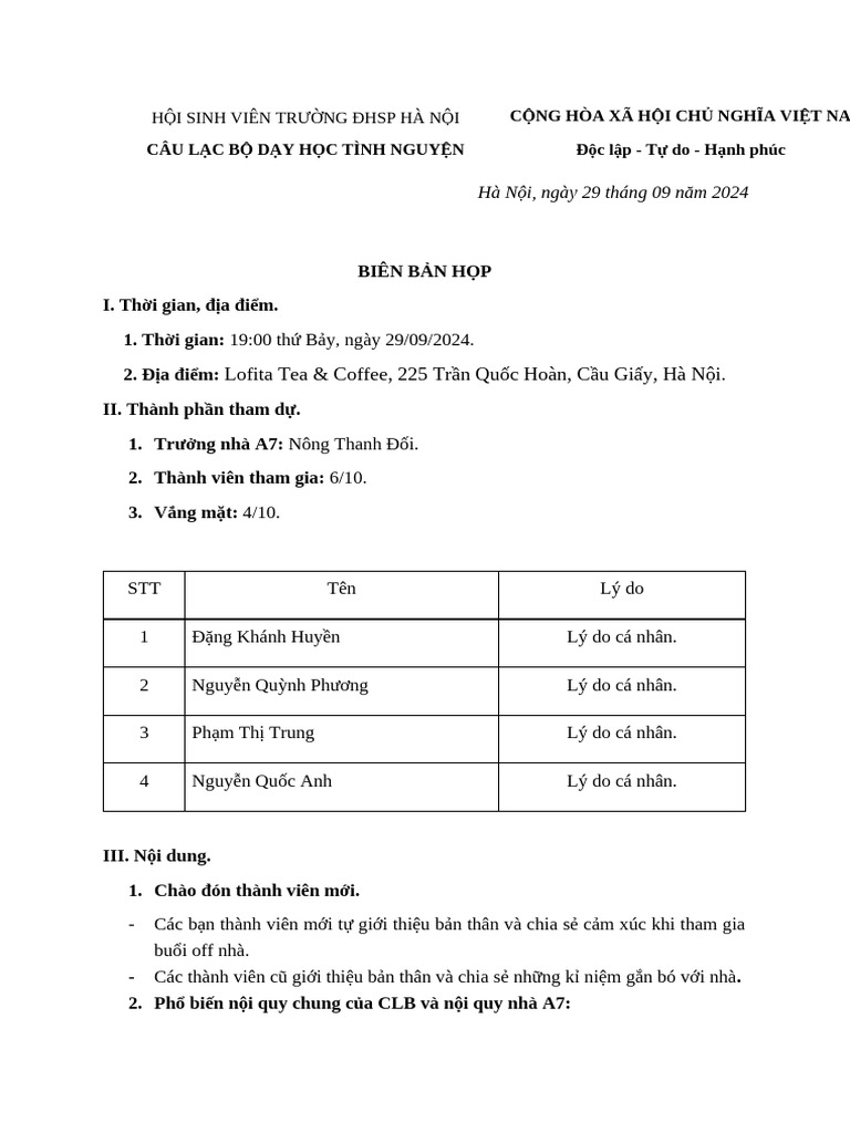Biên Bản Họp Nhà a7 29-09-2024. | PDF