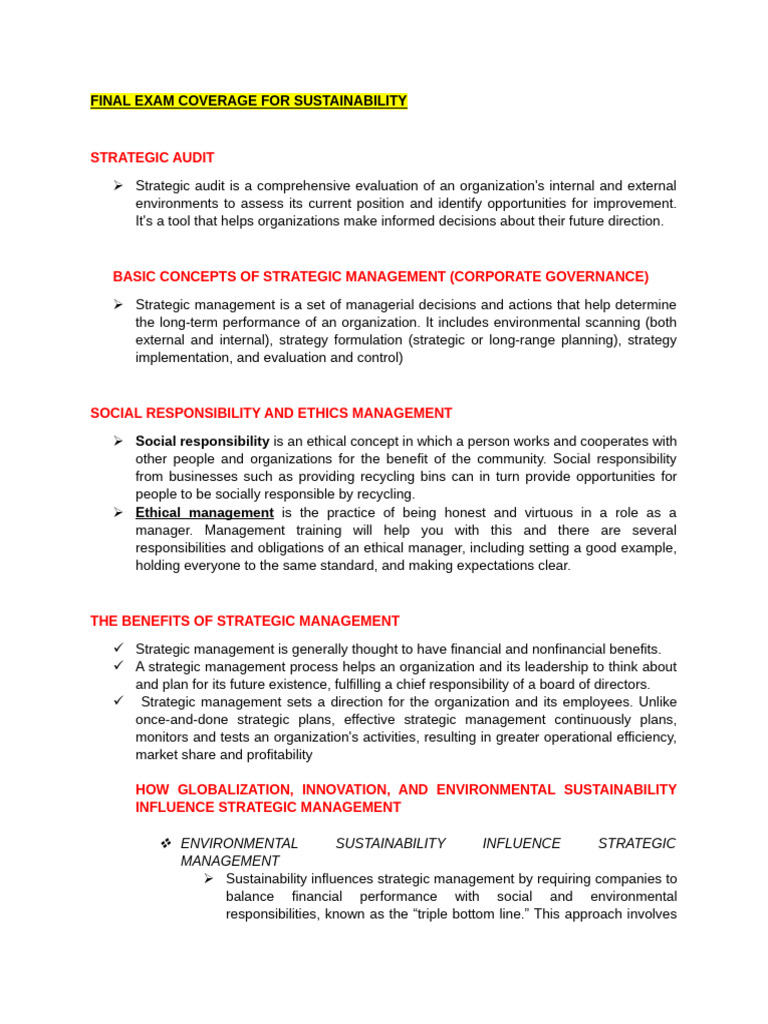 Final Exam Coverage For Sustainability | PDF | Audit | Strategic Management