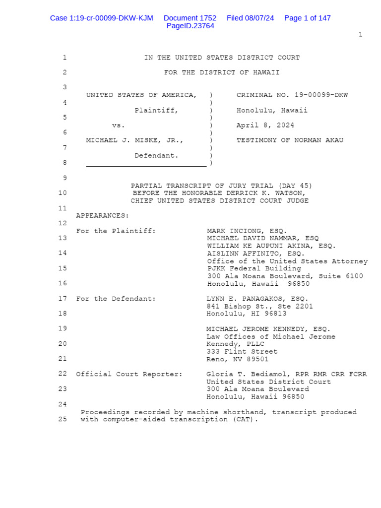 Norman Akau Testimony Transcript | PDF | Racketeer Influenced And ...