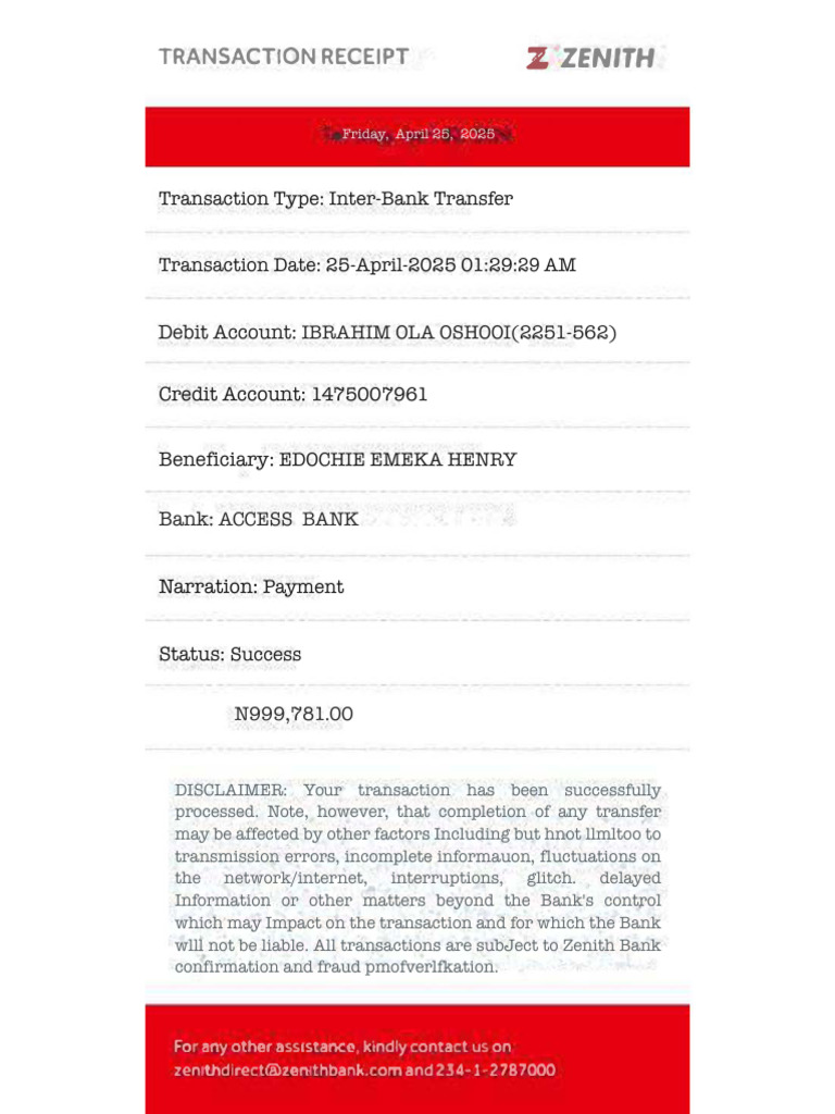 Zenith: Transaction Receipt | PDF