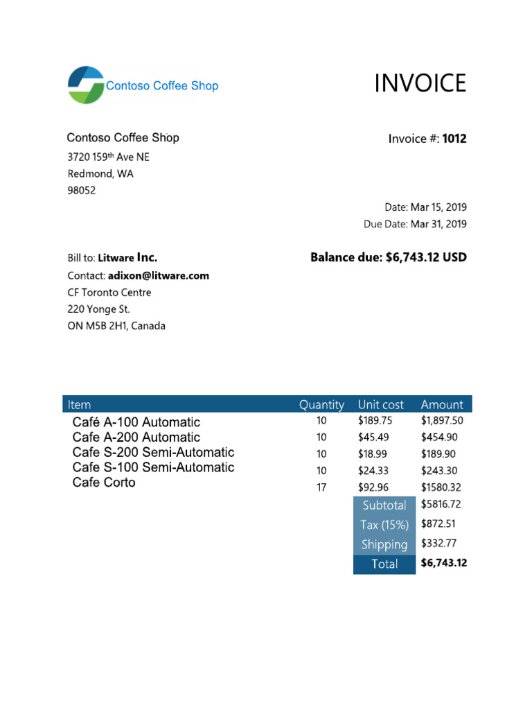 Contoso INVOICE (Litware CAN) | PDF