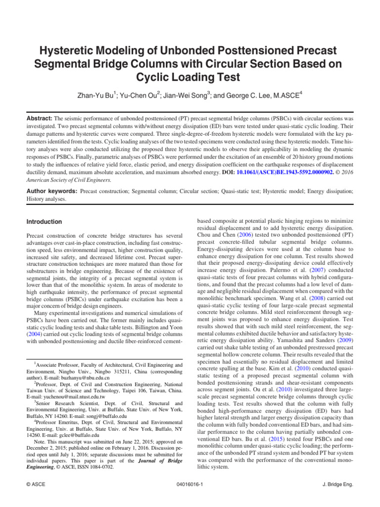 Hysteretic Modeling of Unbonded Posttensioned Precast Segmental Bridge ...