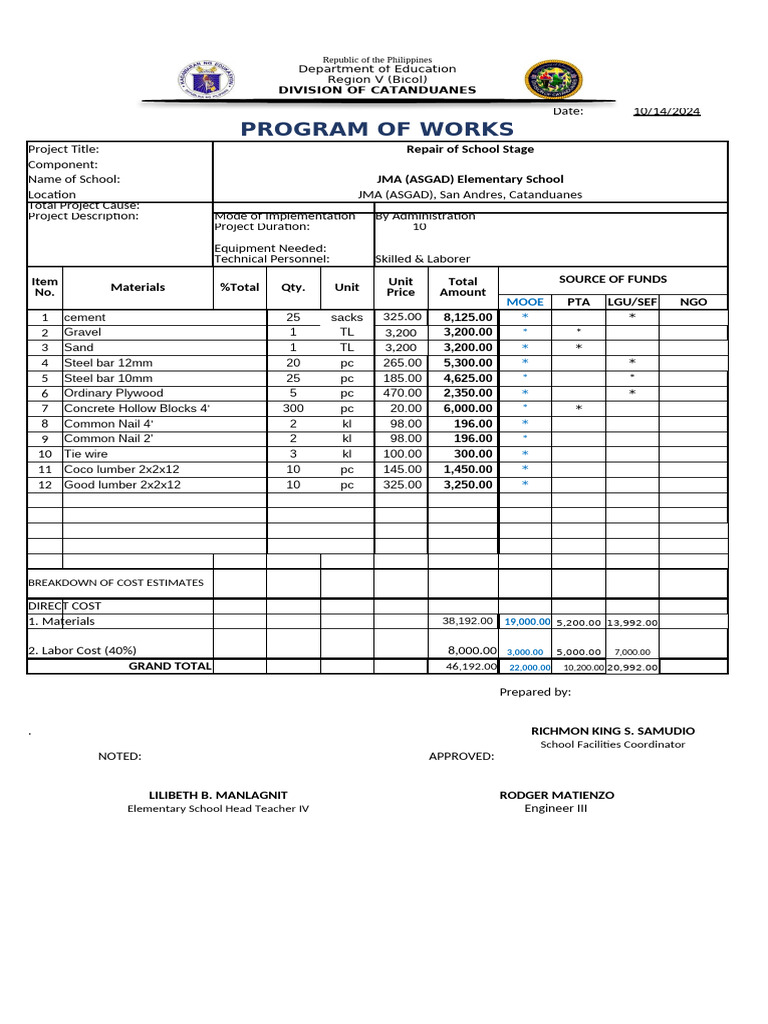 Program of Works School Stage | PDF | Materials | Building Engineering
