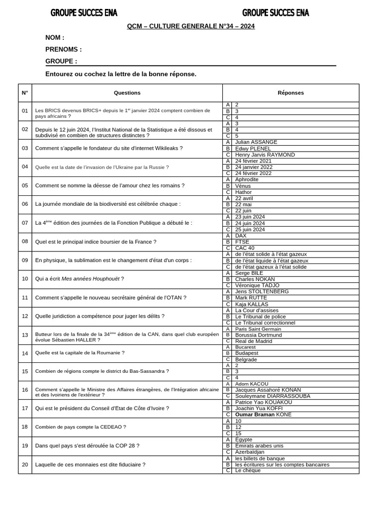 QCM Culture Générale 2024 | PDF