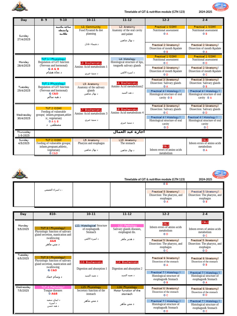 3 Nutrition and GIT Timetable 2025 With Names تعديل2 Copy 4 1 | PDF ...