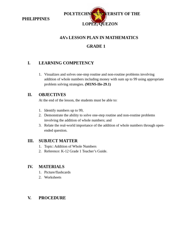 Grade 1 Math Lesson Plan: Addition | PDF | Learning