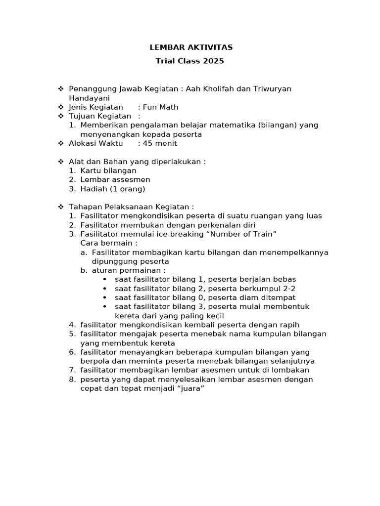 Aktivitas Fun Math Trial Class 2025 | PDF