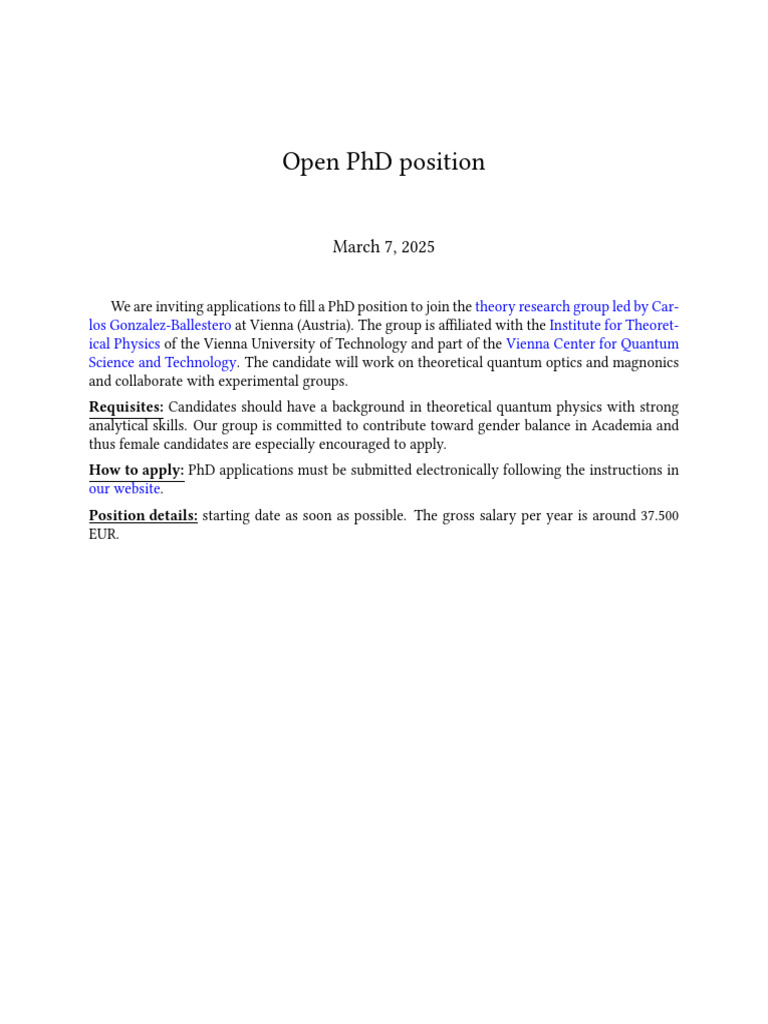 PhD Position in Quantum Physics, Vienna | PDF