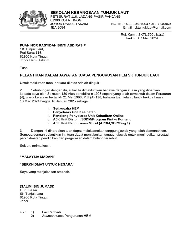 Surat Lantikan Unit Hem 2024 | PDF