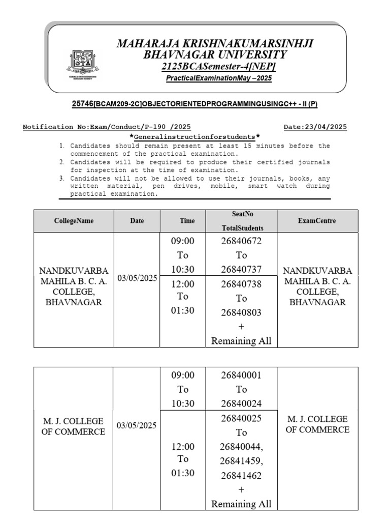 P-190 Bca Sem-4 Nep Practical Exam Time Table May 2025 Sub Code 25746 | PDF