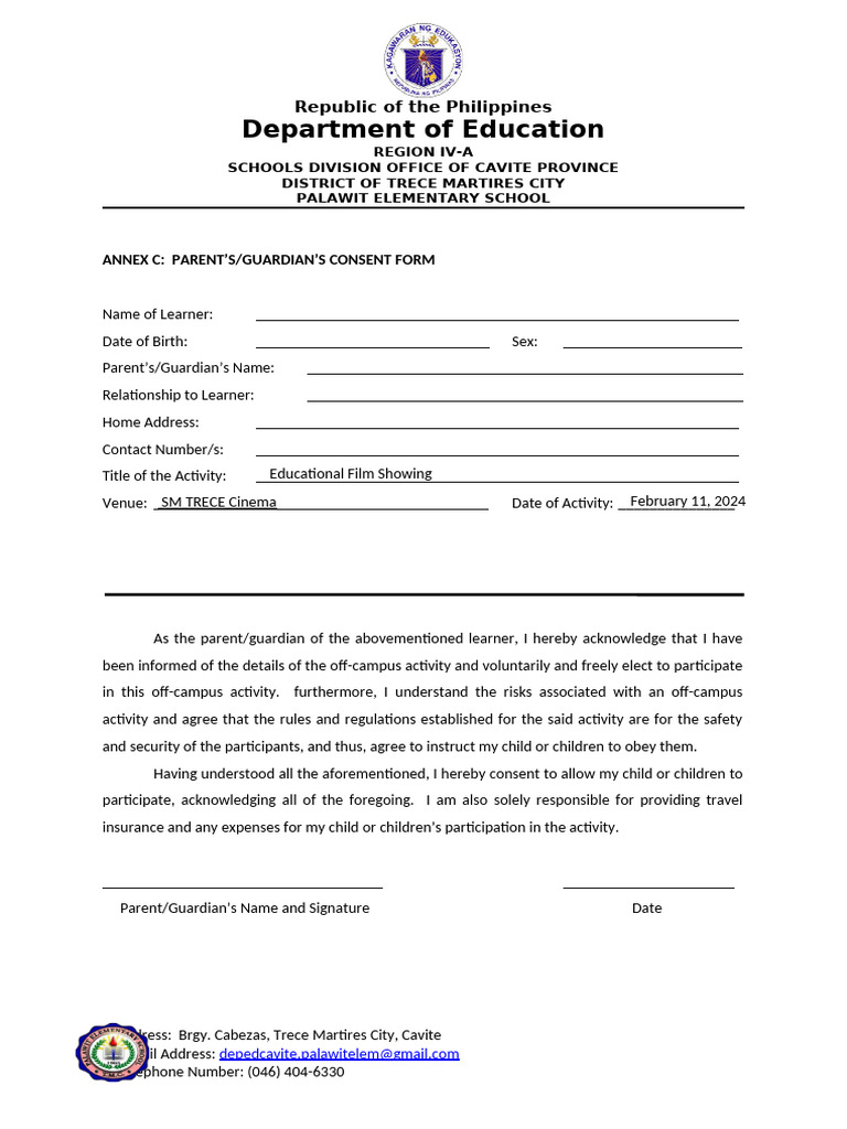 Parent Consent Form for School Activity | PDF