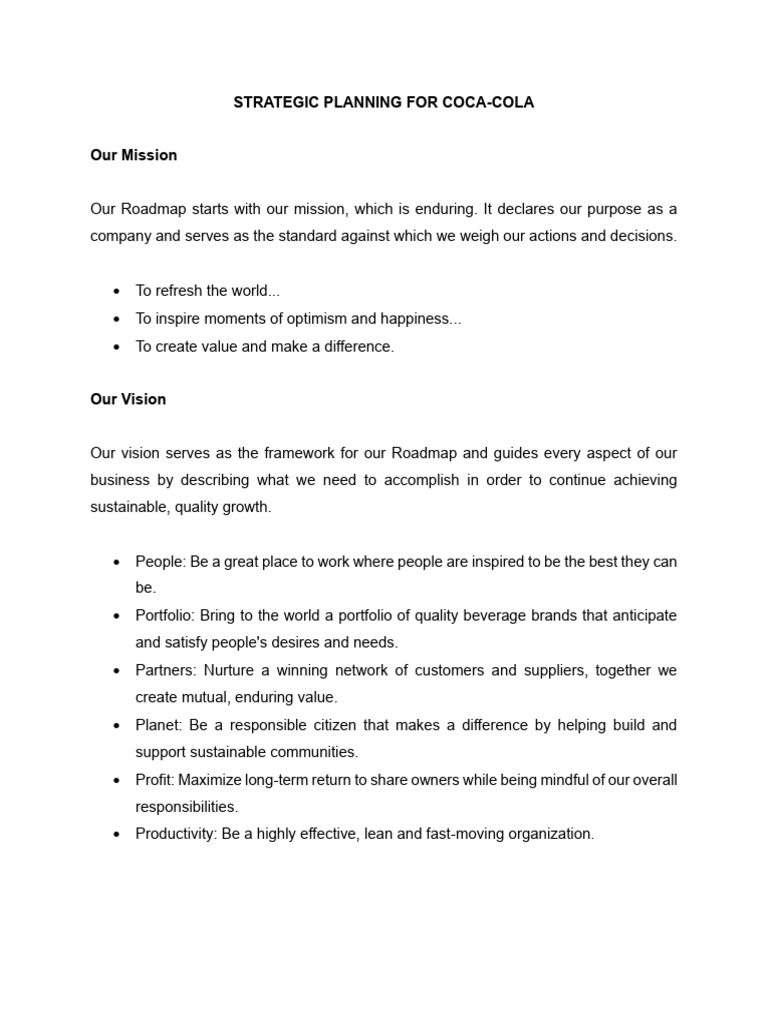 Evaluating Coca-Cola's Mission Statement | PDF | Pepsi Co | Strategic ...