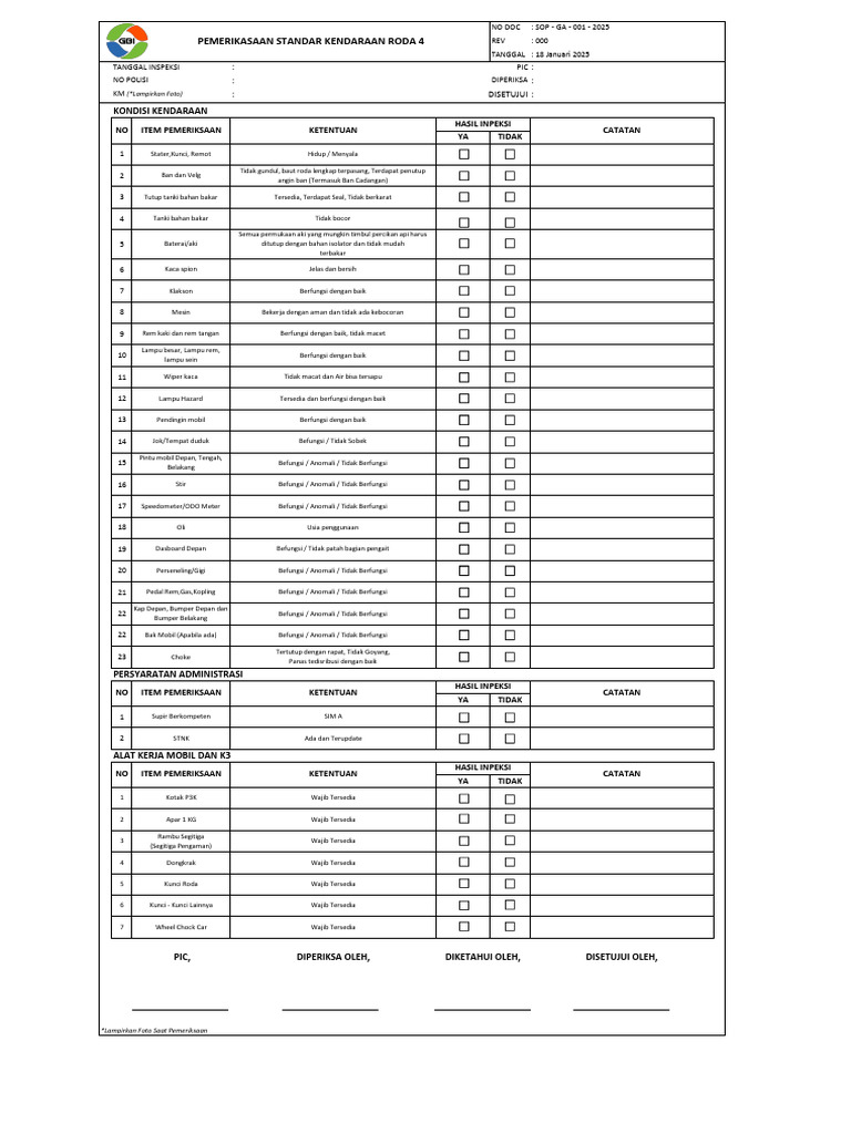 Checklist Perawatan Kendaraan Roda 4 | PDF