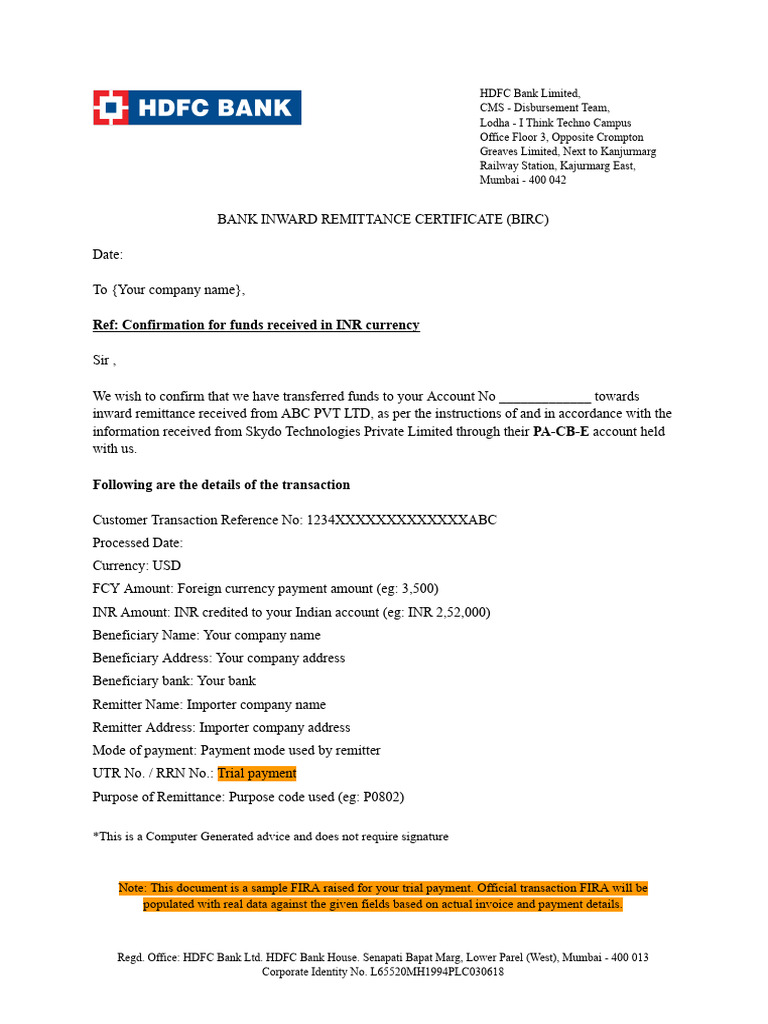 Sample FIRA for Inward Remittance | PDF