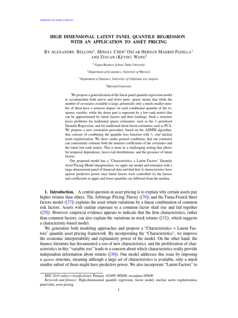 (Paper) HIGH DIMENSIONAL LATENT PANEL QUANTILE REGRESSION | PDF ...