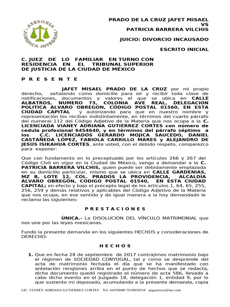 Demanda de Divorcio Incausado en CDMX | PDF | Matrimonio ...