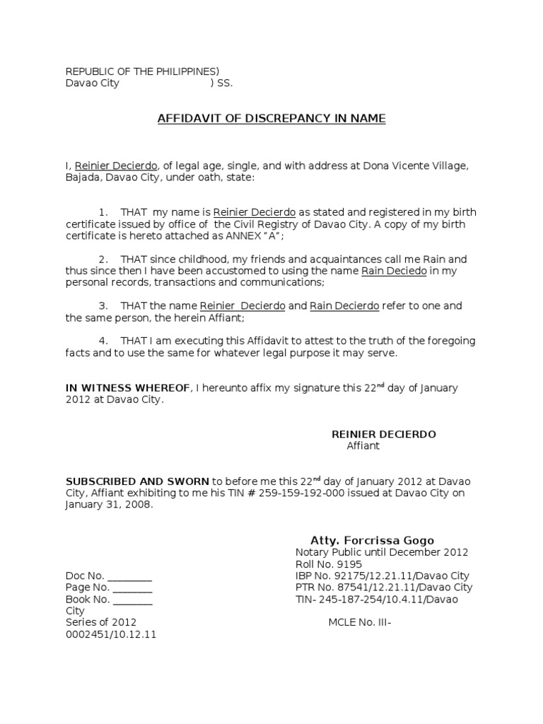 Affidavit Of Discrepancy In Name