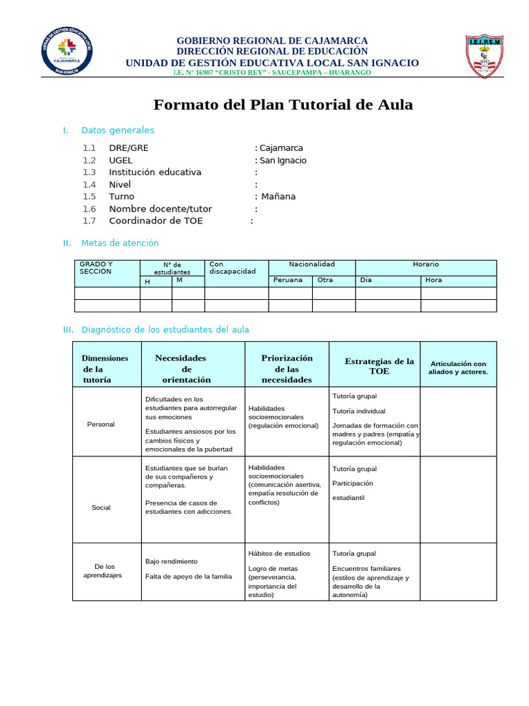 Plan Tutorial de Aula para Estudiantes | PDF | Las emociones | Salón de ...