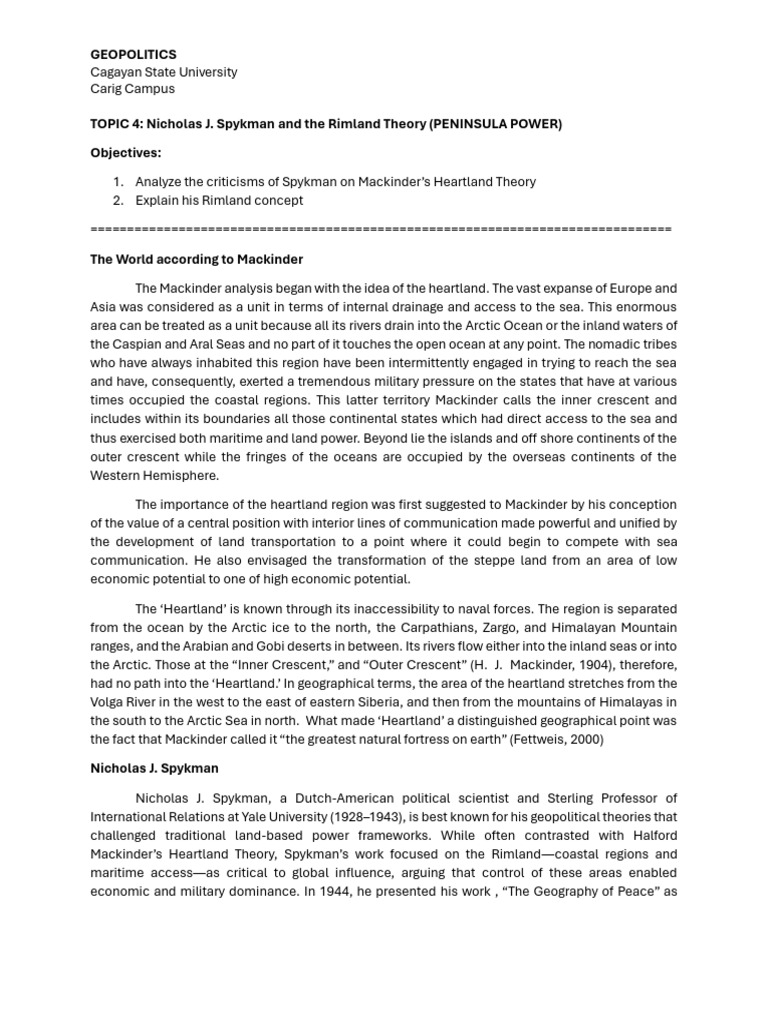 Spykman's Rimland Theory Explained | PDF | Geopolitics | International ...