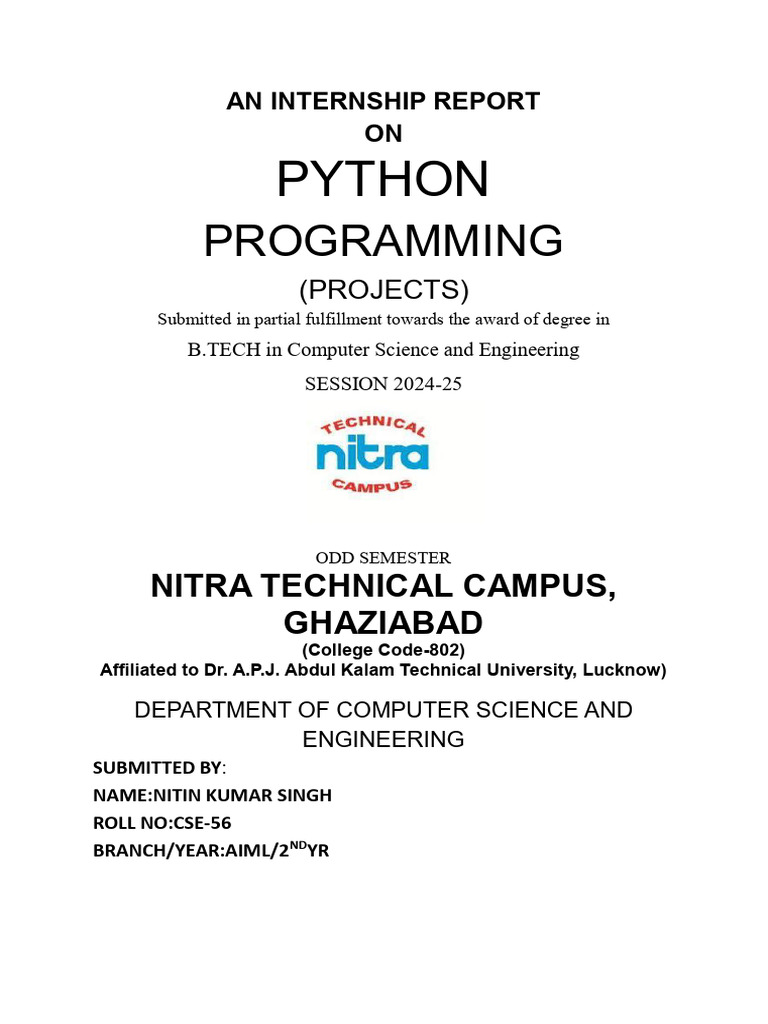 Nitin Kumar Singh's Python Internship Report | PDF | Object Oriented ...