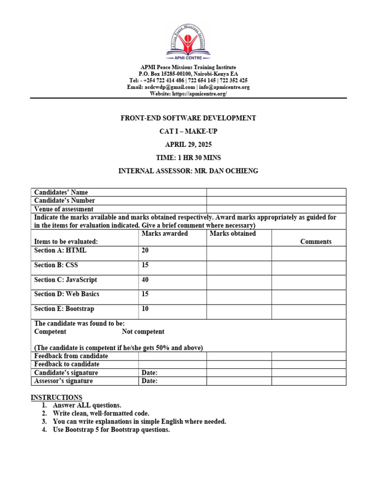 Front-End Software Development - CAT I - 28-04-2025 | PDF | Java Script ...