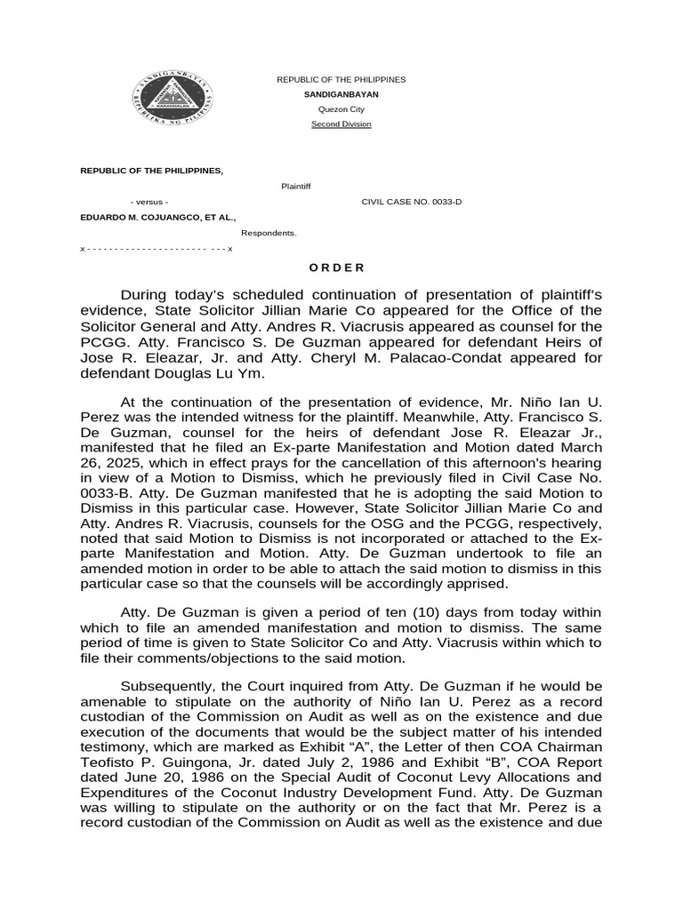 Sandiganbayan Order in Civil Case 0033-D | PDF | Lawsuit | Common Law