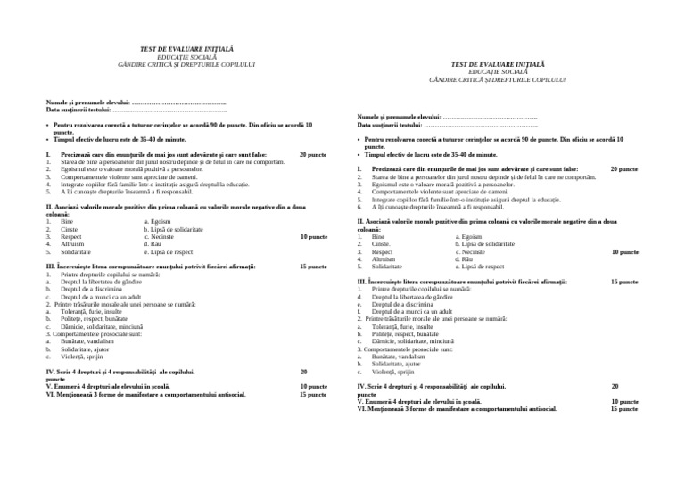 Test Initial Clasa A V-A | PDF