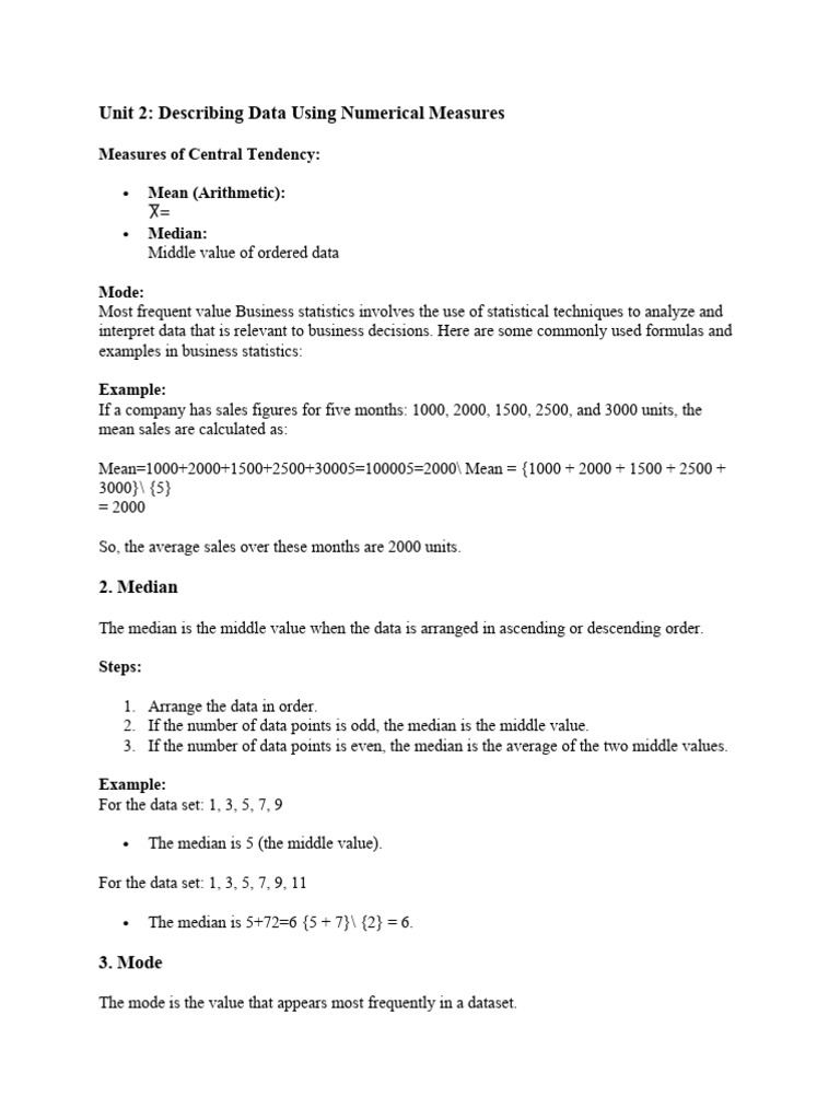 Numerical Measures in Business Statistics | PDF | Median | Coefficient ...