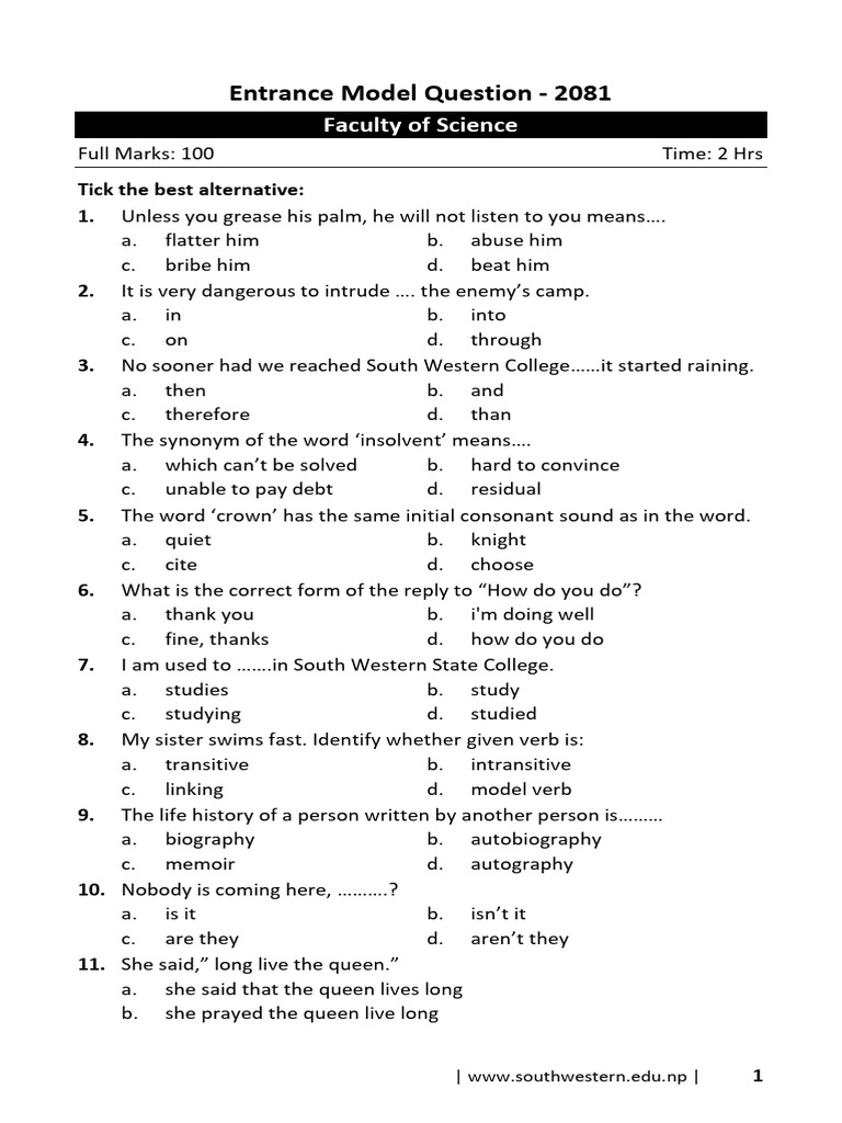 Entrance Model Question Science 2081 | PDF | Chemical Substances | Force