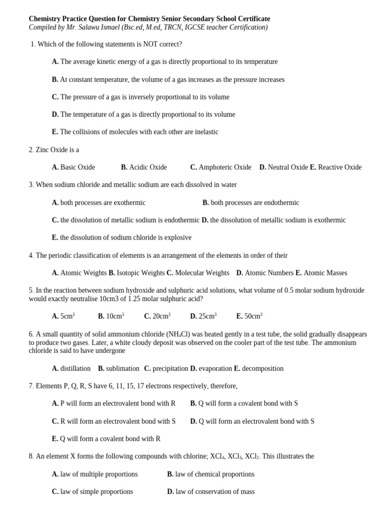 Chemistry Practice Questions for Students | PDF | Chemical Reactions ...