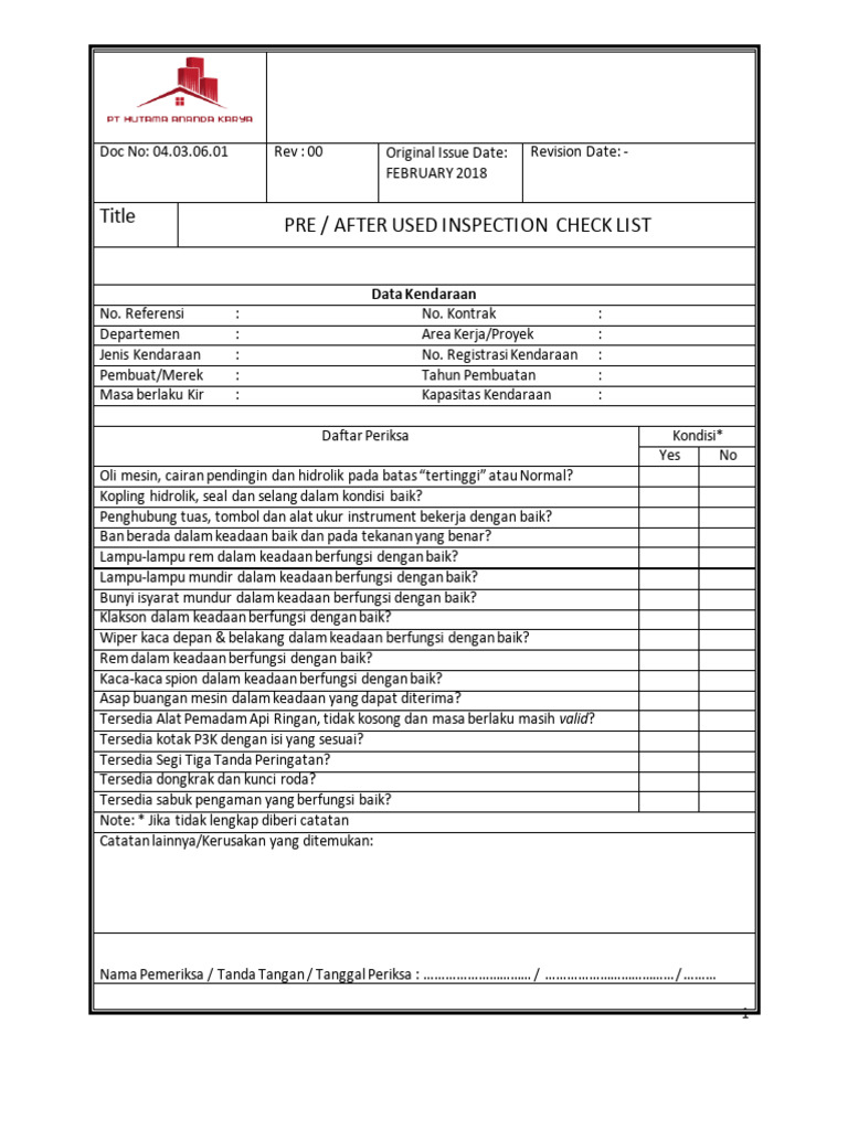 Daftar Periksa Inspeksi Kendaraan | PDF
