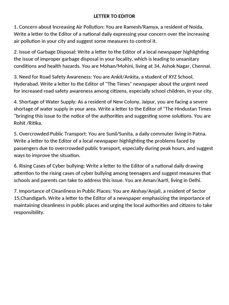 Letter To Editor Practice Questions | PDF