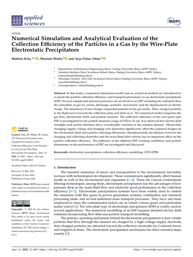 Wire-Plate ESP Particle Collection Efficiency | PDF | Force | Gases