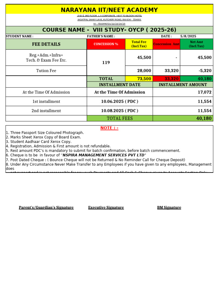Narayana Institute Ranchi Fee Structure | PDF | Cheque | Fee