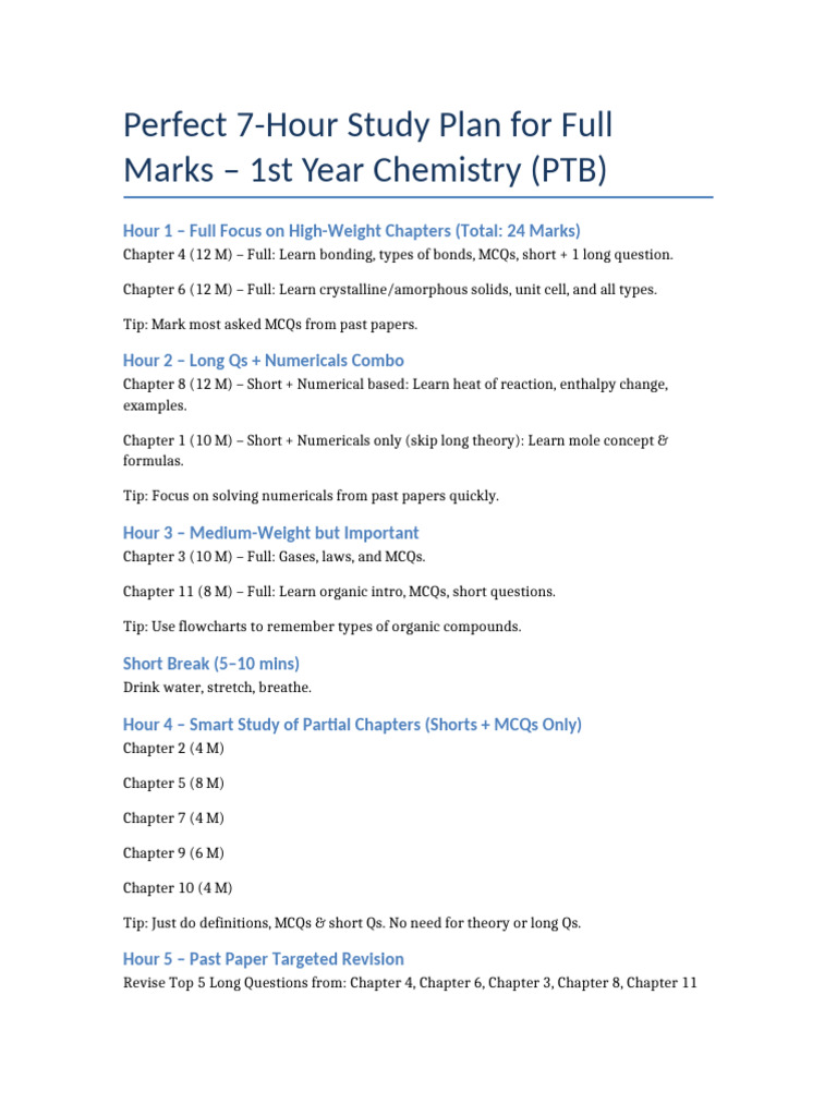 Perfect 7-Hour Chemistry Study Plan | PDF