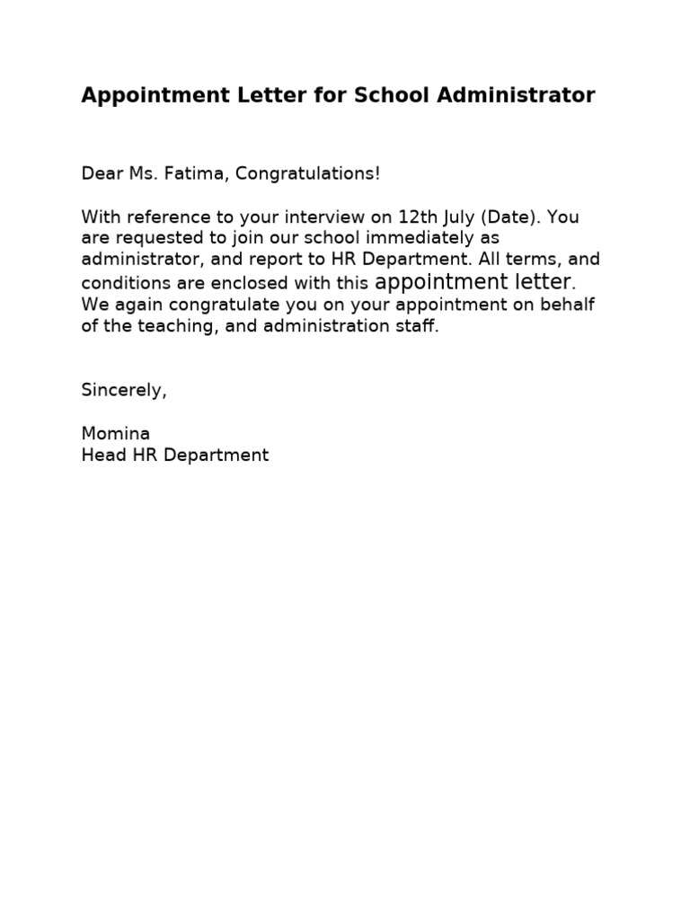 Appointment Letter for School Administrator | PDF