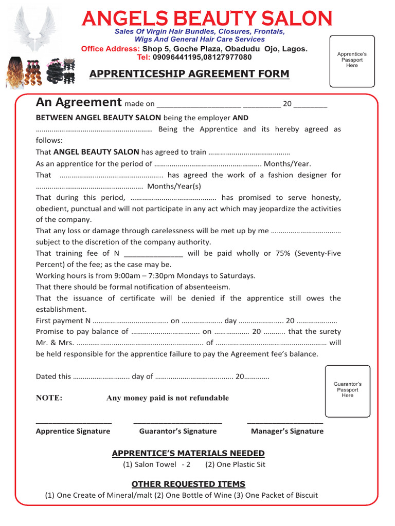 Salon Apprenticeship Agreement Form | PDF | Surety | Apprenticeship