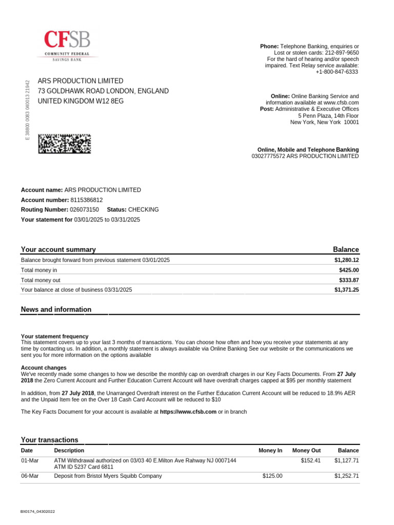 CFSB Bank Statement US | PDF | Overdraft | Transaction Account