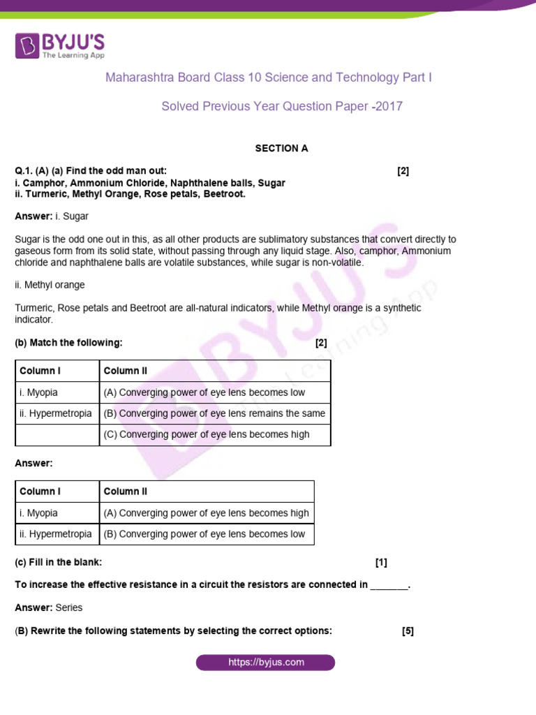 MSBSHSE Class 10 Science and Technology Part I Solved Previous Year ...