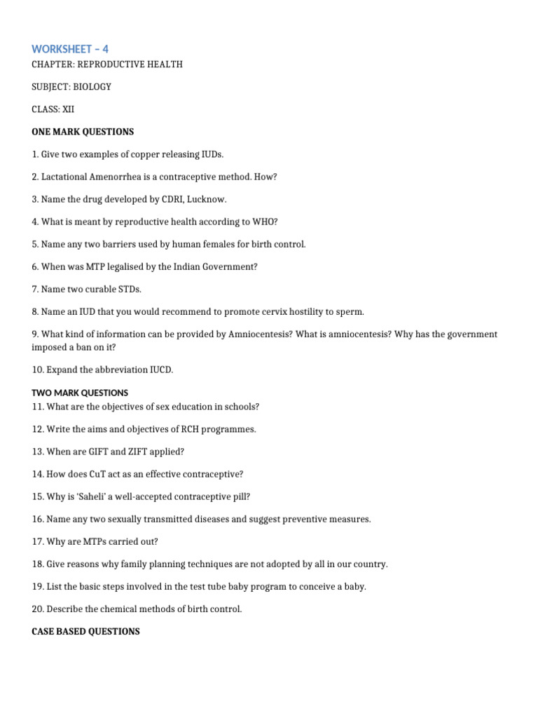 Reproductive Health Worksheet for Class 12 | PDF | Birth Control ...