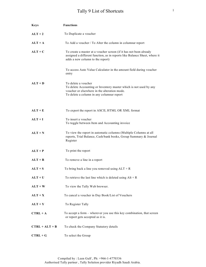 Tally 9 List of Shortcuts Keys Alt + 2 Alt + A Alt + C Functions PDF