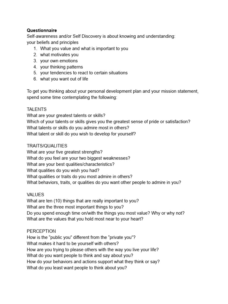 Self-Discovery Questionnaire Guide | PDF | Behavioural Sciences ...