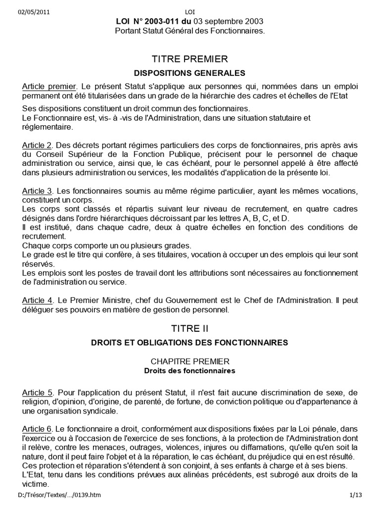 Statut Général des Fonctionnaires 2003 | PDF | Loi | Gouvernement