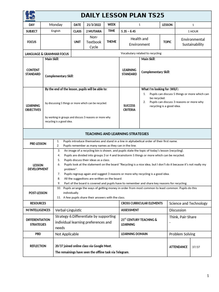 Form 2 MUTIARA WEEK 1 | PDF | Learning | Lesson Plan