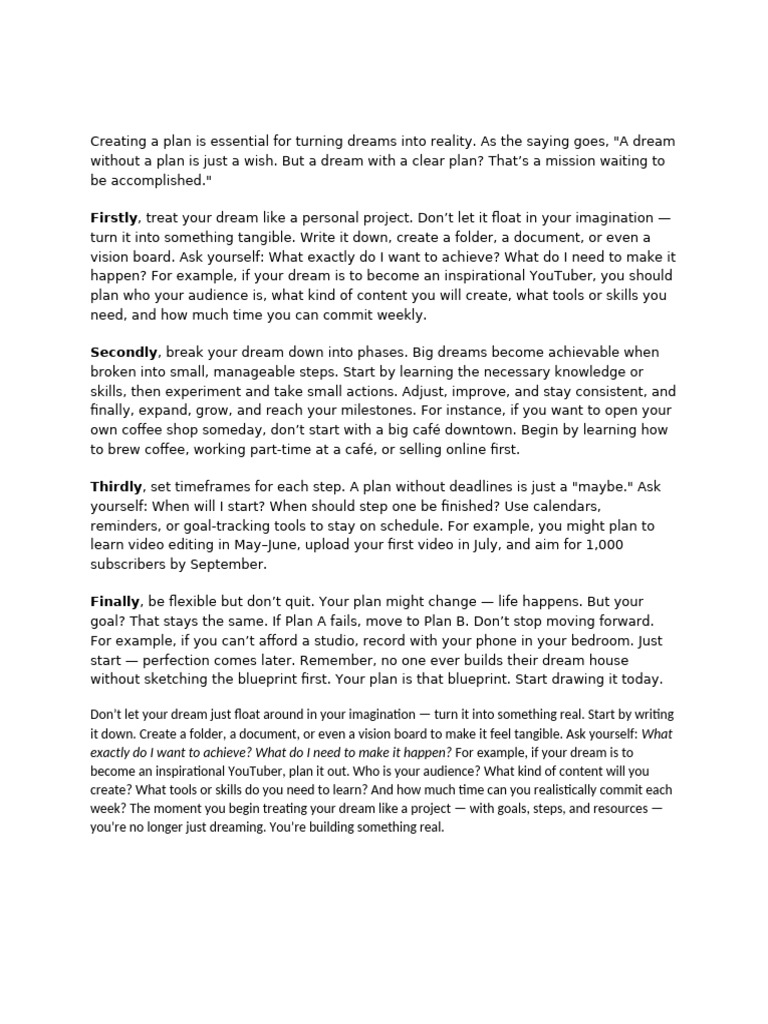 Creating A Plan Is Essential For Turning Dreams Into Reality Pdf