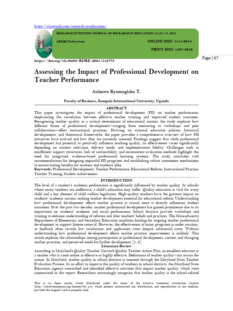 Assessing The Impact of Professional Development On Teacher Performance ...