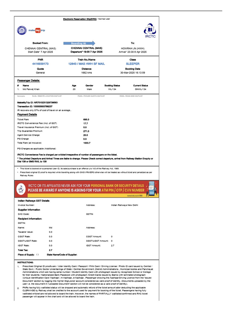 Train Reservation Certificate Details | PDF | Identity Document