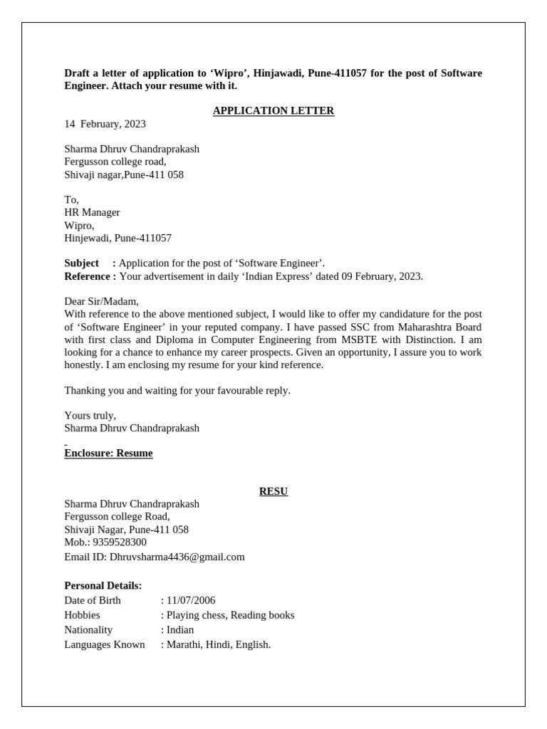 Wipro Software Engineer Application Letter | PDF